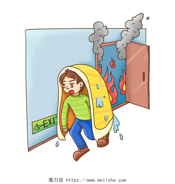 119全国消防宣传日卡通插画火灾逃生自救常识手绘人物素材